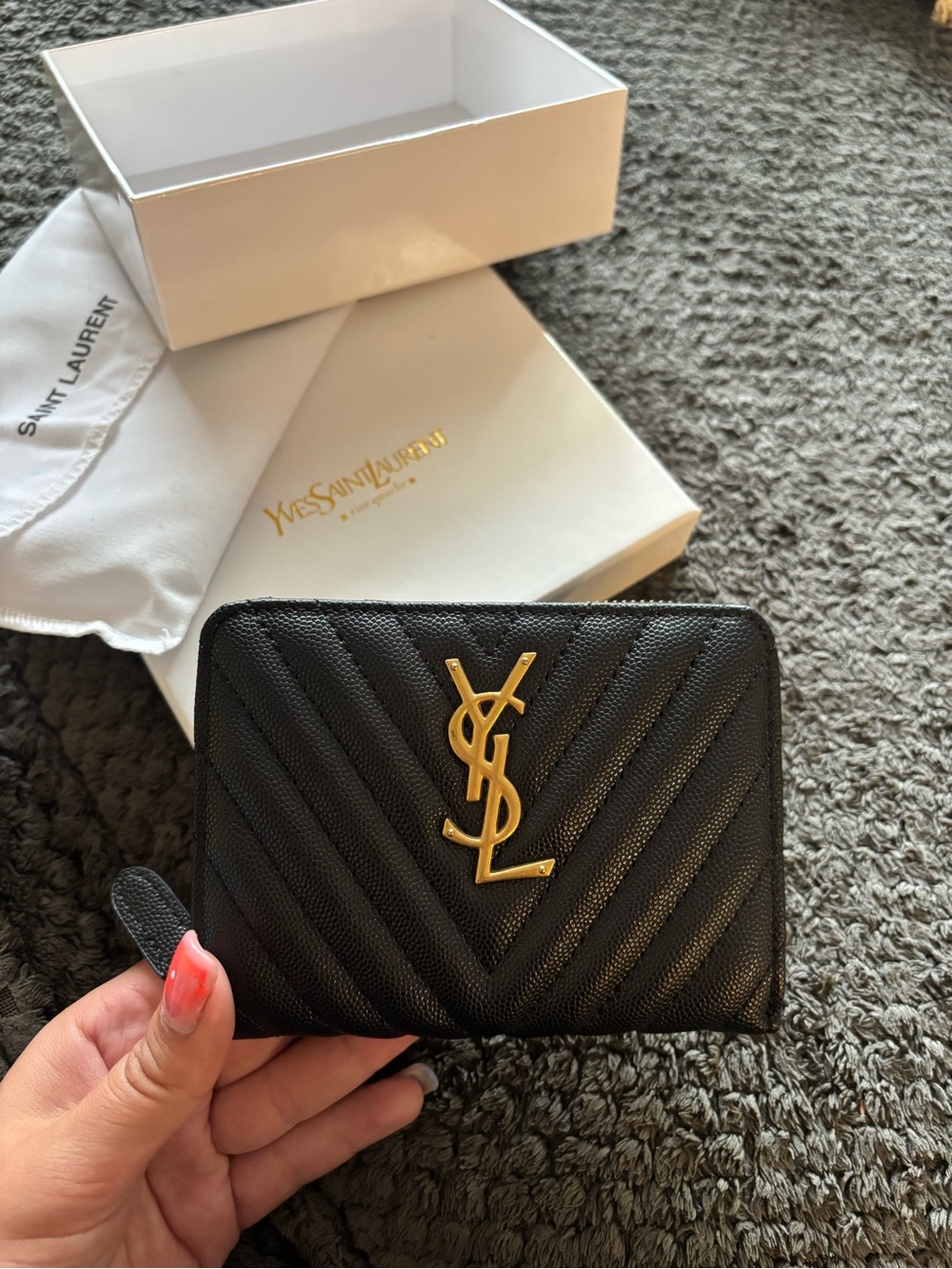 Saint Laurent Black Quilted Leather Zip Wallet with Gold YSL Logo